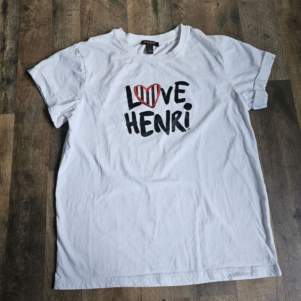 Henri Bendel New York Love Henri Graphic Tee Shirt White Red Striped Heart S/M
